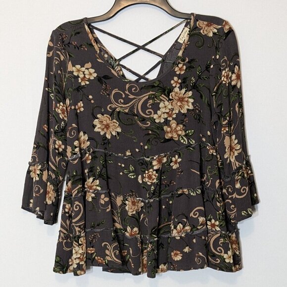LILY WHITE Gray Floral Short Tiered Peasant Top; Back Laces; Size M - Picture 1 of 6